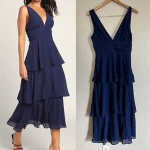 Lulu's Navy Tiered V-Neck Midi Dress